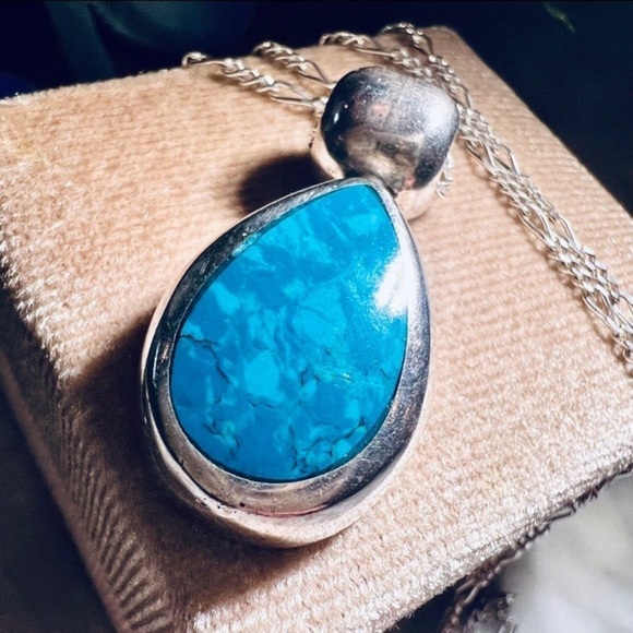 Estate Jewelry - Vintage Handmade Turquoise Pendant Solid Heavy 925 Sterling Silver Mexico .925